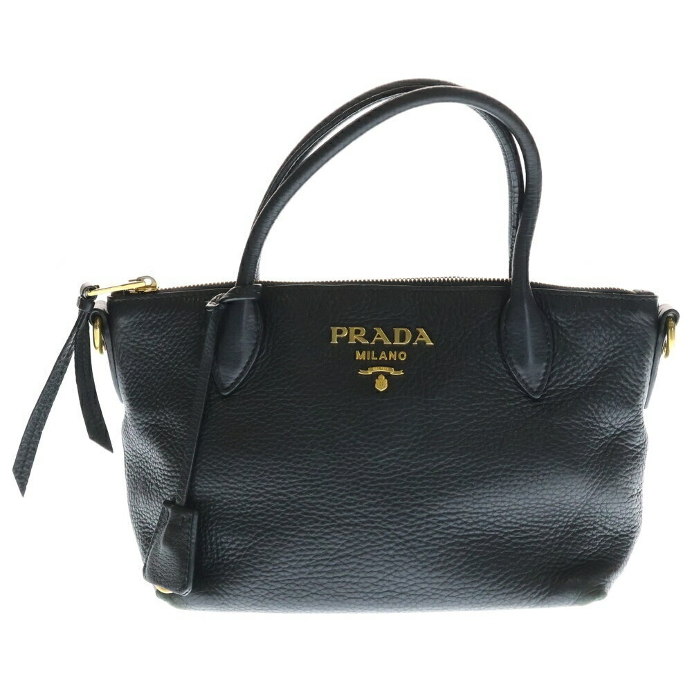 PRADA Vitello Daino Handbag Shoulder Bag Black Leather
